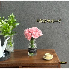 仿真玻璃瓶玫瑰花 娃娃屋微景觀模型 水培插花 (8款玻璃), 1個, F款玻璃瓶粉玫瑰