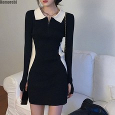 비비에모 투톤 브이 지퍼 카라넥 슬림핏 미니 원피스 00694