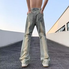 AOKADA 남성 세미 와이드 청바지 가을 절개라인 밴딩 워싱 데님 팬츠