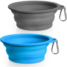 휴식용 이지 2팩 실리콘 접이식 개 그릇 BPA 프리 식기세척기 금고 휴대용 여행용 카라비너 2개 포함 반려견 고양이용 식수원 컵 접시그레이 블루 600ML, Grey, Blue, 600 ML