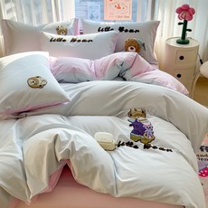 簡約100全棉純棉毛巾繡花四件套牀上用品可愛卡通兒童牀笠三件套, 1個, NB熊-藍【純棉繡花毛巾繡】:0.9m牀單款三件套