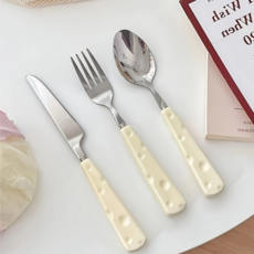 귀여운 모조 세라믹 디자인 치즈모양 손잡이 스테인리스 식기 3종 세트, 1세트, 스푼+포크+나이프, 크림