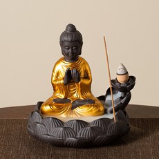 創意紫砂仿古倒流香爐 家用香道家居裝飾擺件, 蓮花座禪修佛陀(金)