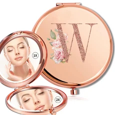 돋보기 메이크업 라운드 거울 양면 금속 화장품 휴대용 모양 유리 소형 휴대용 거울 로즈 골드 문자 패턴, W