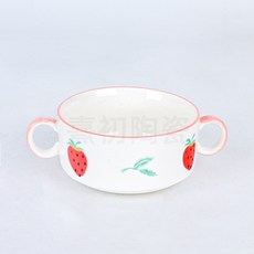 創意雙耳小碗可愛卡通陶瓷烘焙烤碗家用飯碗輔食蒸蛋碗甜品碗萌趣, 1個, 草莓碗