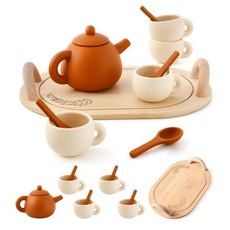 여아용 티 파티 세트 만 1-3세 아동용 티 세트 14개 실리콘 찻주전자 컵 컵받침 휴대용 스쿱 주방 액세서리 역할 놀이 만 3 4 5세 여아 남아