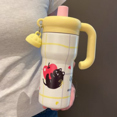 可愛卡通小貓咪保溫杯 600ML 吸管杯, 黃色600ML-大容量【茶倉+掛件】