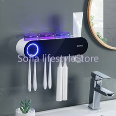 UV 칫솔 거치대 살균기 치약 디펜서 컵 정리함 벽걸이 랙 태양열 충전 욕실 액세서리, 01 Black