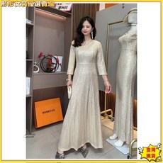 氣質優雅高端長款禮服，修身顯瘦宴會主持禮服，春夏薄款顯身材禮服