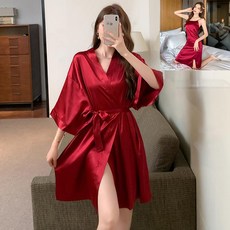 목욕 잠옷 여름 숏 로브가운 가운 실크 랩가운 여성 나이트 가운, 와인레드 2피스 세트 캐미솔 포함