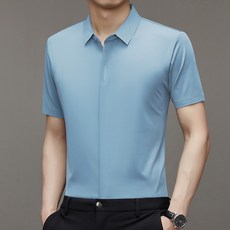 고급 아이스 실크 소재로 제작된 남성용 반팔 셔츠 무봉제 디자인 탁월한 신축성 여름철 비즈니스 오피스룩 적합 중년 남성용 쿨 셔츠