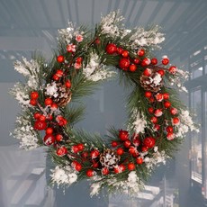 花圈 花環 門裝飾 30公分大花圈 牆面裝飾 門掛花環 純手工編織 店面裝飾 居家裝飾 聖誕派對裝飾, 1個, 雪地櫻桃聖誕花圈