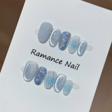 Ramance Nail 純欲風手繪花朵貓眼珍珠爆閃甲片, 1個, 冰花 - 短橢圓M
