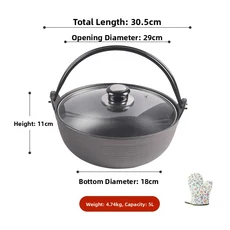 두꺼운 전통 무쇠 냄비 무코팅 일본식 옛날식 철제 가정용 핫팟 행복한 주방, 05 지름 29cm + 유리뚜껑 + 장갑 6인분