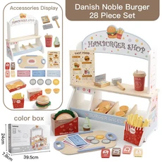 나무 어린이 주방 장난감 퍼즐 시뮬레이션 버거 레스토랑 음식 인형 집 액세서리 소녀, 01 28 Piece Set