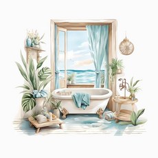 태쓰 인테리어 스티커 안방 거실 욕실 주방 벽면 포인트 스티커 2, 바다가보이는욕실