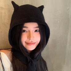 salimm 여성 귀여운 악마귀 포인트 니트 바라클라바 넥워머, 블랙, 1개