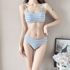 兩件式條紋彈力抹胸比基尼泳裝, 2F23藍色條紋 比基尼 M碼
