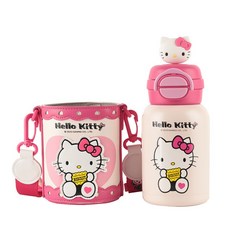 BEDDYBEAR Hello Kitty 雙飲保溫杯 兒童水壺 304不鏽鋼 附杯套 女童禮物, 白粉色, 1個, 600ml