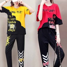 Lles 兩件式寬鬆運動服 黃色+紅色 2件 兩件式上下套裝