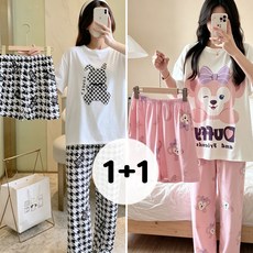 BLOOMY 1+1 여성 여름 잠옷 세트 캐릭터 반팔 파자마 상의 반바지 긴바지 3종세트 홈웨어