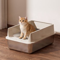 不鏽鋼半封閉可拆卸特大號貓砂盆 高圍欄防外濺, 1個, 不鏽鋼貓砂盆