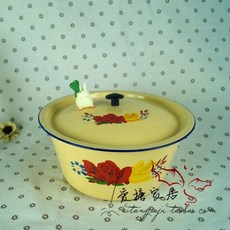 老式瓷蓋碗盆搪瓷盆搪瓷碗懷舊老式飯盆湯盆黃色帶蓋JKDDT01A, 1個, 14CM