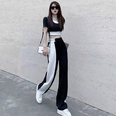 YNBG 休閒套裝 運動套裝女 夏季洋氣假兩件T恤黑白撞色闊腿褲兩件套 短袖女寬褲