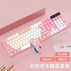 臺灣72H髮貨 女生電競有綫鍵盤鼠標套裝 - 方便實用電腦鍵盤滑鼠組, 白粉雙色-彩虹光-【鍵盤+電競鼠標】兩件