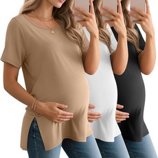 BAGGY 배기fly 여성용 임산부 셔츠 반소매 라운드넥 사이드 스플릿 상의 루즈핏 여름 캐주얼 엄마 의류 3팩 오렌지 그래스 그린 크림 M 190971, XXL, 살구, 화이트, 블랙