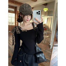 블랙 레오파드 프린트 어깨가 드러나는 짧은 블라우스 여성 가을 디자인 chic 달콤하고 매력적인 소녀 상의