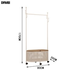 DFMEI 奶油風臥室落地掛衣架髒衣簍家用鐵藝衣服收納架簡易可移動衣帽架, 米白色藤編款仙人掌(長80高170)