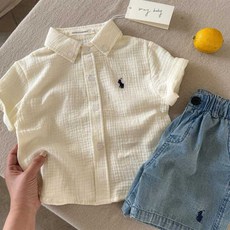 兒童短袖襯衫 棉質純棉夏男女童日系小馬格子襯衣