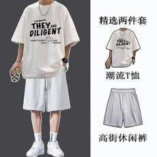 港風短袖套裝 男 夏季休閒帥氣 潮流男裝 寬鬆T恤 短褲兩件套