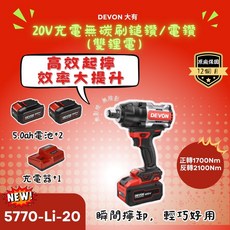 DEVON 大有 20V 無碳刷鋰電衝擊扳手 5.0Ah電池*2 充電器*1, 1套