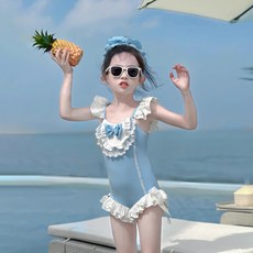 해피유통어린이 여름 파란색 수영복 귀여운 레이스 장식과 리본14세 이상 XG03