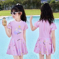 卡通兒童泳衣連體泳裙 彩虹兔印花 4-12歲女童泳裝