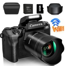 Saneen 디지털 카메라 사진 및 비디오용 4 000대 플래시가 장착된 유튜브용 6 400만 화소 WiFi 터치스크린 브이로그 32GB 카드 렌즈 후드 3000mAH 배터리, 4K 64MP Bla, 1개