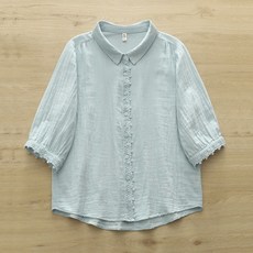 Helloyassy 雙層紗 蕾絲拼接 中袖襯衫