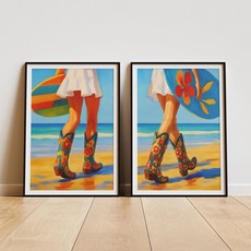 레트로 웨스턴 카우보이 비치 아트 포스터 여름 해변 서핑 홈 거실 장식 프레임리스 캔버스 벽 예술, A. 2pcs 20x30cm