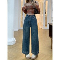 여성용 와이드 레그 데님 팬츠 봄/가을용 하이웨이스트 루즈핏 8부 스트레이트 팬츠