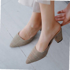 리본블로퍼 굽있는 여자 블로퍼 체크 뮬 슬리퍼 직장인 데일리