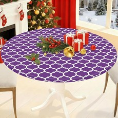 Smiry 원형 피크닉 식탁보 방수 탄성 장착 테이블 커버 144.8~172.7cm(57~68인치) 테이블용 닦을 수 있는 플란넬 뒷면 비닐 식탁보 캠핑 실내 실외용, 퍼플 & 화이트