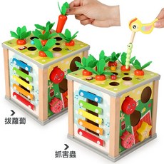 DFMEI 兒童多功能六面百寶箱早教啓蒙繞珠抓蟲敲琴形狀配對學習益智玩具, 1個, 六合一百寶箱:如圖
