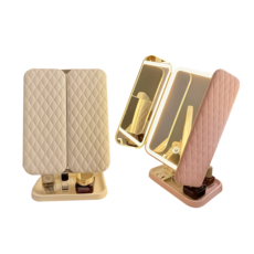 LED觸摸式三面折疊化妝鏡，台灣現貨，三段燈光調節，宿舍桌面美妝鏡, 粉色（可調光）