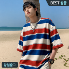 모노핏 스트라이프 반팔 티셔츠 오버핏 라운드넥 단가라 여름 루즈핏 배색 캐주얼 남녀공용