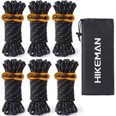 HIKEMAN 하이커맨 헤비 듀티 캠핑 로프 6개 세트 5mm 야외 반사 가이 라인 텐션 조절기 강력한 나일론 끈 대형 텐트 타프 캐노피 고정용 형광 녹색, Black