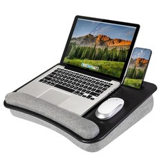 베개 쿠션 미끄럼 방지 스트립 태블릿 또는 휴대폰 보관 슬롯 펜 및 연필 포켓 손목 받침대가 있는 LAPGEAR 휴대용 노트북 랩 데스크 - 에스프레소 우드그레인 - 17., Black Leather