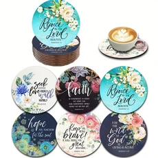 6입 2D 4인치 나무 컵받침 구절 및 꽃무늬 테마 데스크탑 단열 매트 홈 데코 커피 머그컵, 01 6PC
