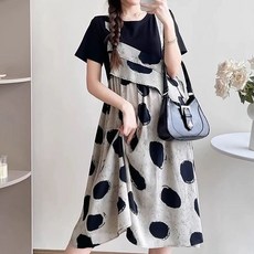 MOSAIRATION 여성 빅사이즈 임산부 원피스 도트 패턴 페이크 레이어드 반팔 플레어핏